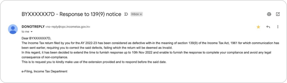 Sample email of the Notice under Section 139(9)